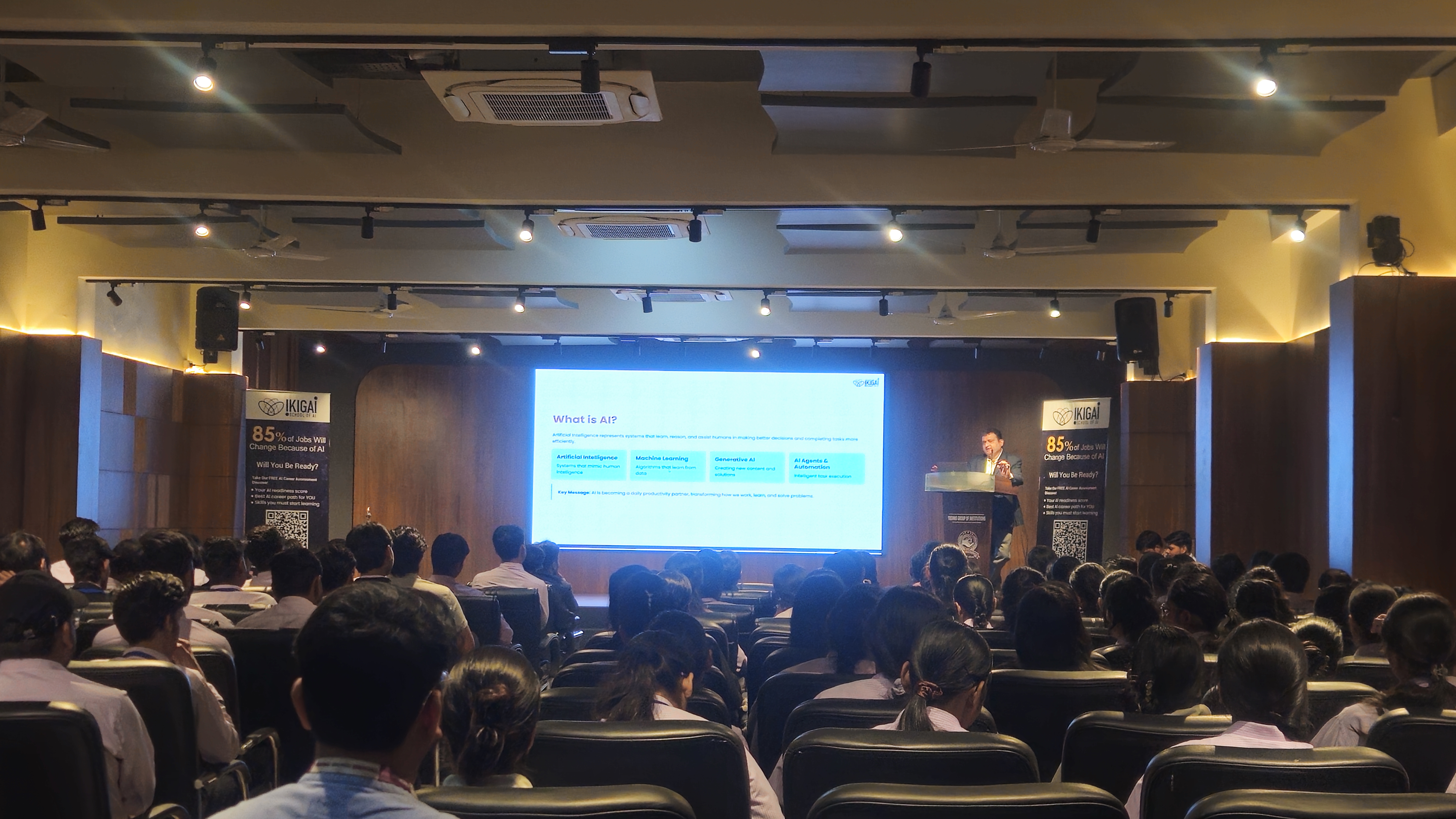 Session roadmap displayed on screen — AI & Future of Work